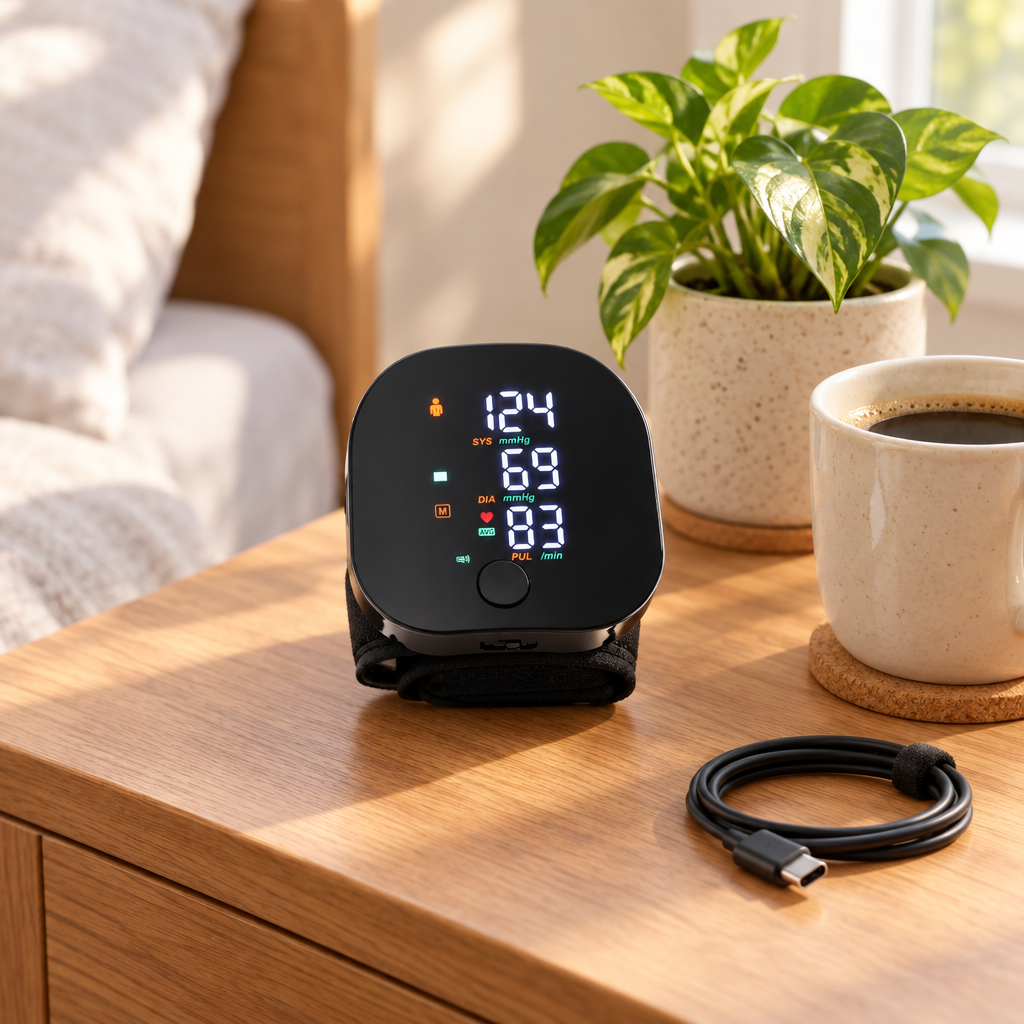 Monitor sobre una mesa de noche con su cable USB-C